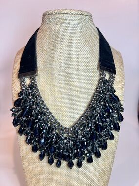 WHBM glass gun metal black suede cluster glass teardrop bib statement necklace
